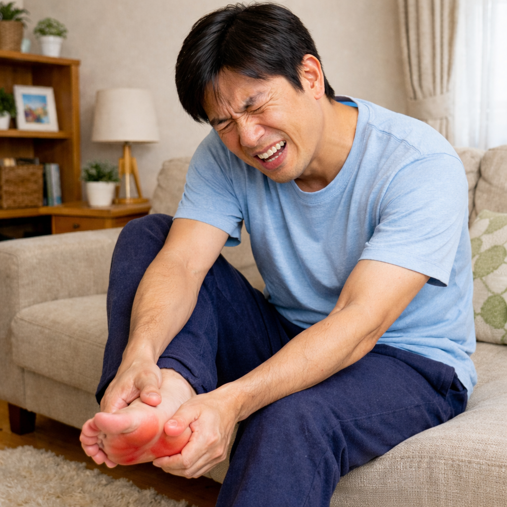 足底筋膜炎でかかとに痛みを感じている男性の様子